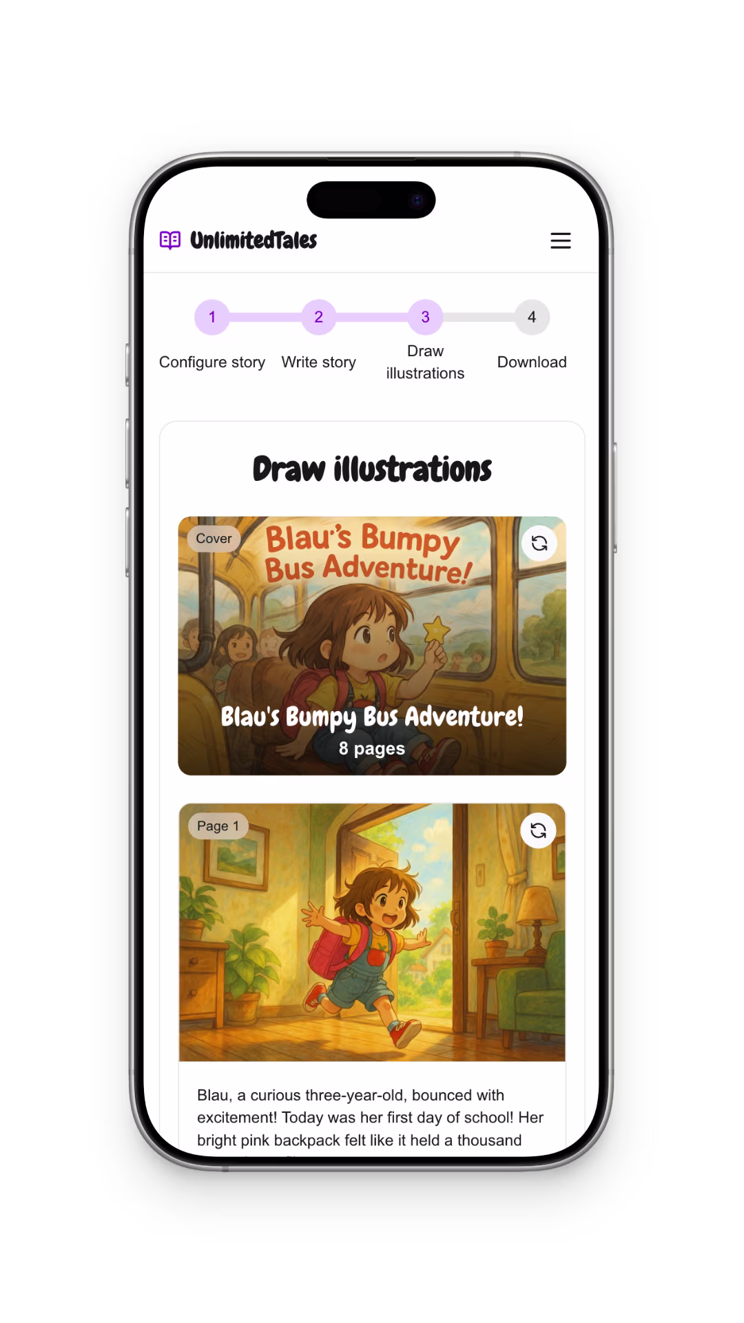 UnlimitedTales AI storybook creator on mobile phone - create stories on the go